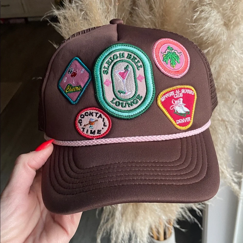 Anthropologie Christmas trucker hat embroidered patches OSFM